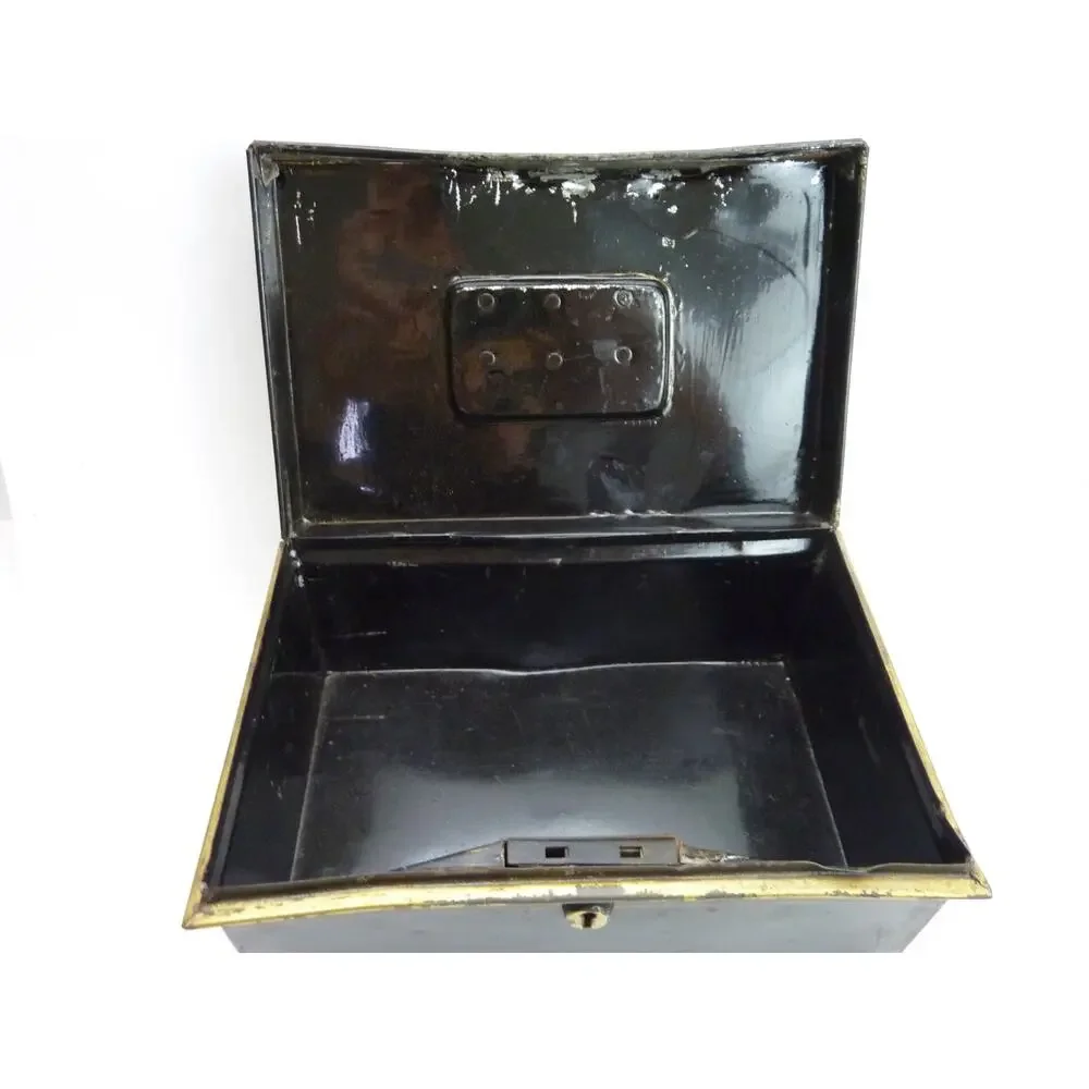 Damaged Antique Metal Cash Box Vintage 1920s Document Safe Black Pinstripe